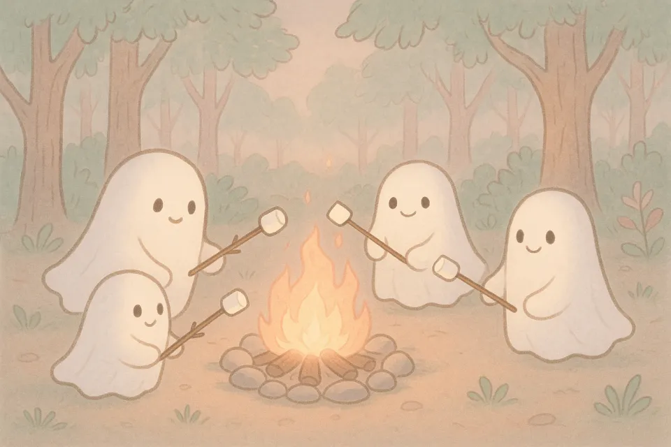 Four ghosts gather around a campfire, roasting marshmallows in the forest