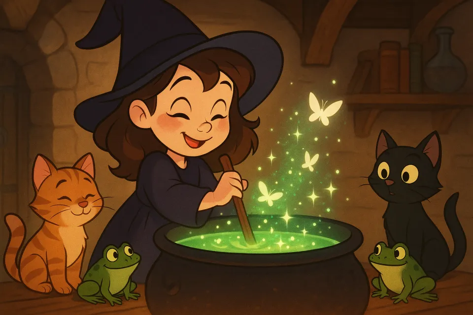 The Little Witch Happily Prepares a Potion with a Magical Wand