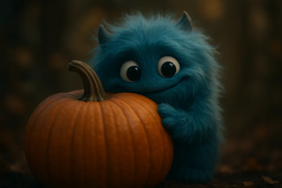 Encantador monstruo azul abrazando una calabaza en un bosque otoñal
