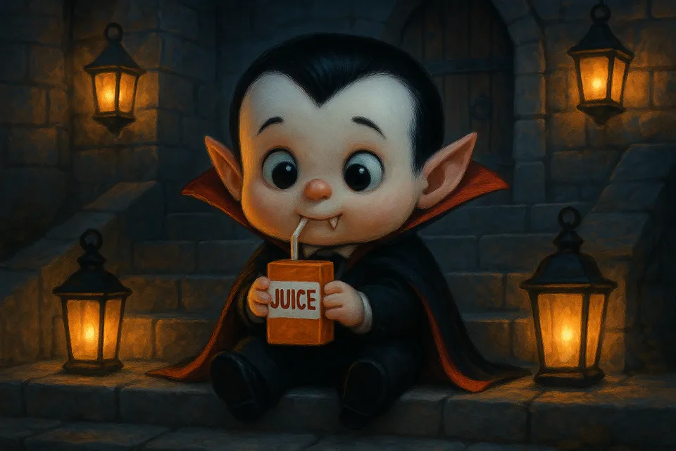 Pequeño vampirito con jugo en envase en la escalera
