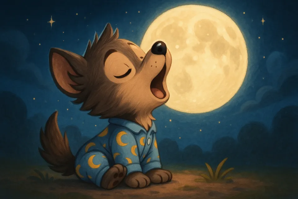 Cartoon wolf cub in pajamas resting under the full moon