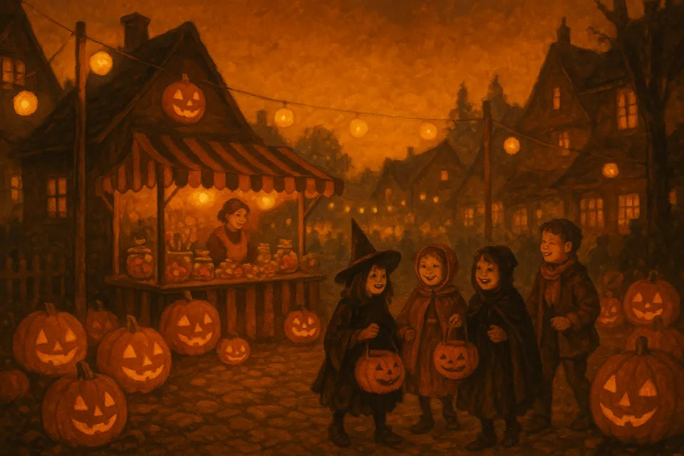 Scene with children in Halloween costumes near a fair