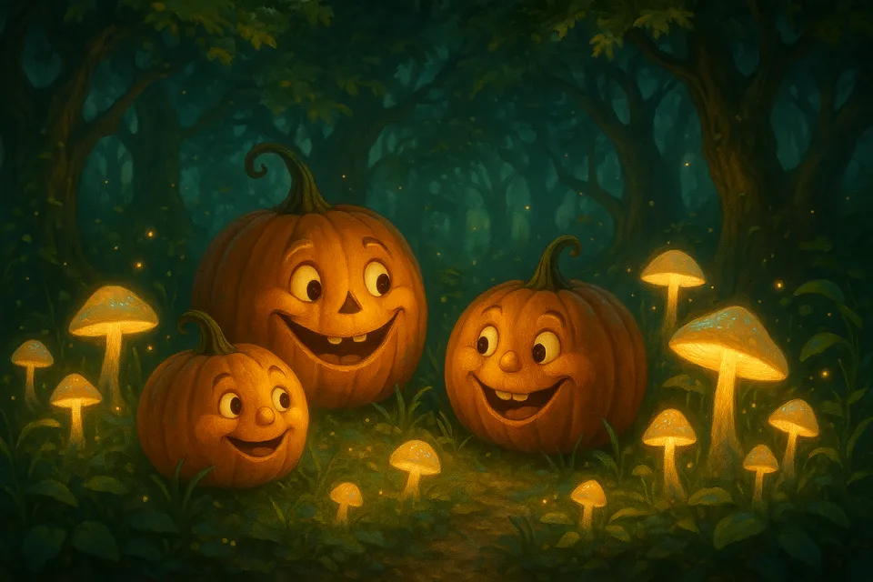 Three smiling pumpkins among glowing mushrooms in a mysterious forest