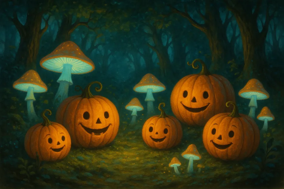 Escena del bosque con calabazas y setas brillantes por la noche