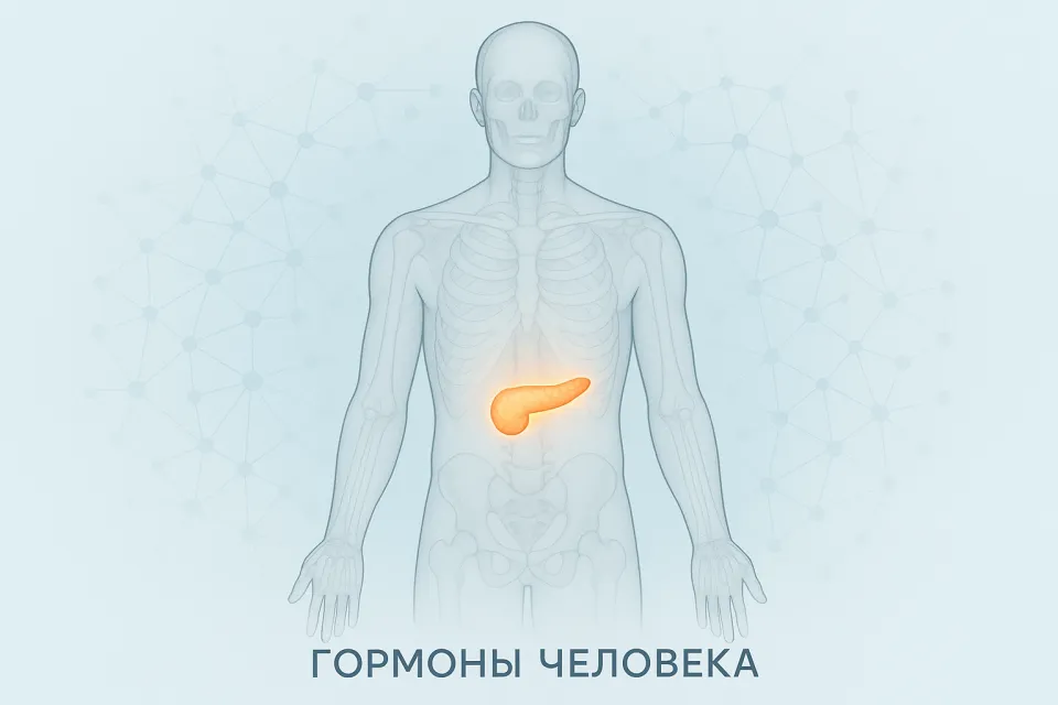 Imagen de un humano con el páncreas destacado y texto sobre hormonas