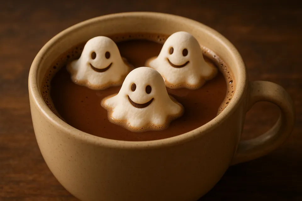 Tres malvaviscos en forma de fantasmas flotan en chocolate caliente