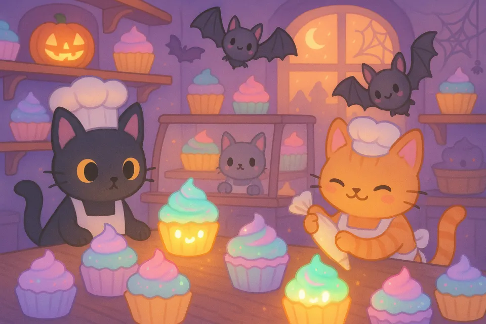 Dos gatos con gorros de chef preparan pasteles en una acogedora panadería