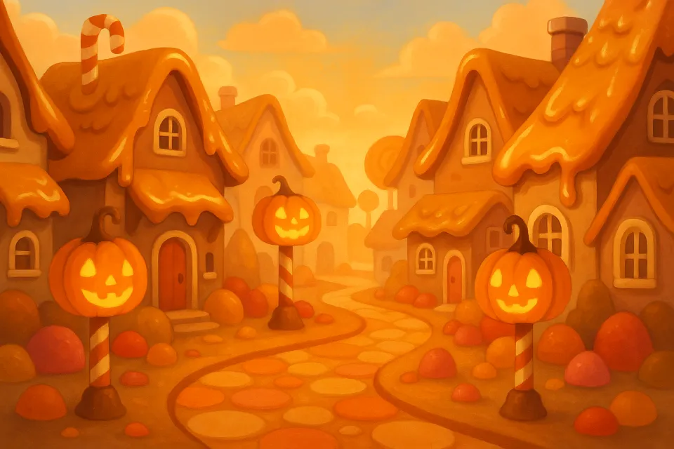 Paisaje rural con calabazas y casas de dulces en Halloween