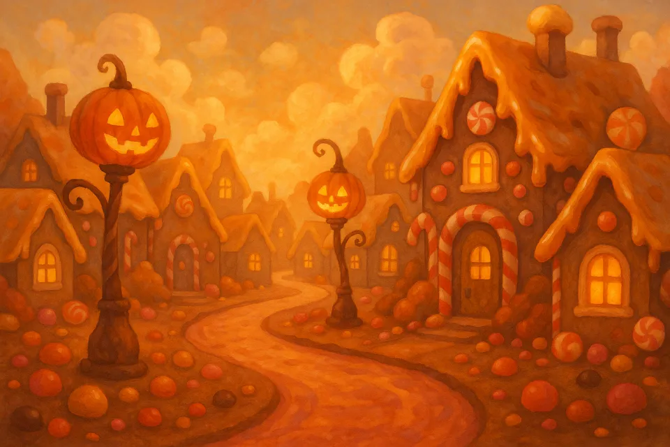 Acogedor pueblo con casas y calabazas en la calle a la luz del otoño