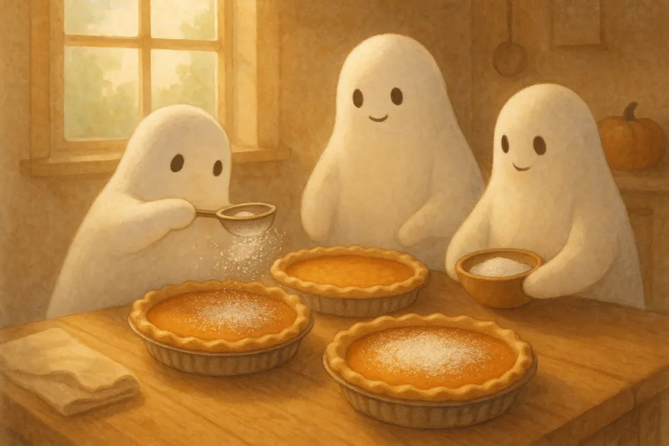 Tres fantasmas hornean pasteles en la mesa de una cálida cocina