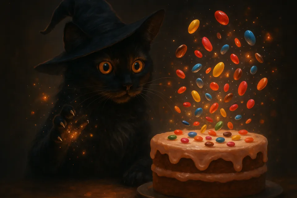 Gato negro con sombrero creando magia con un pastel y caramelos