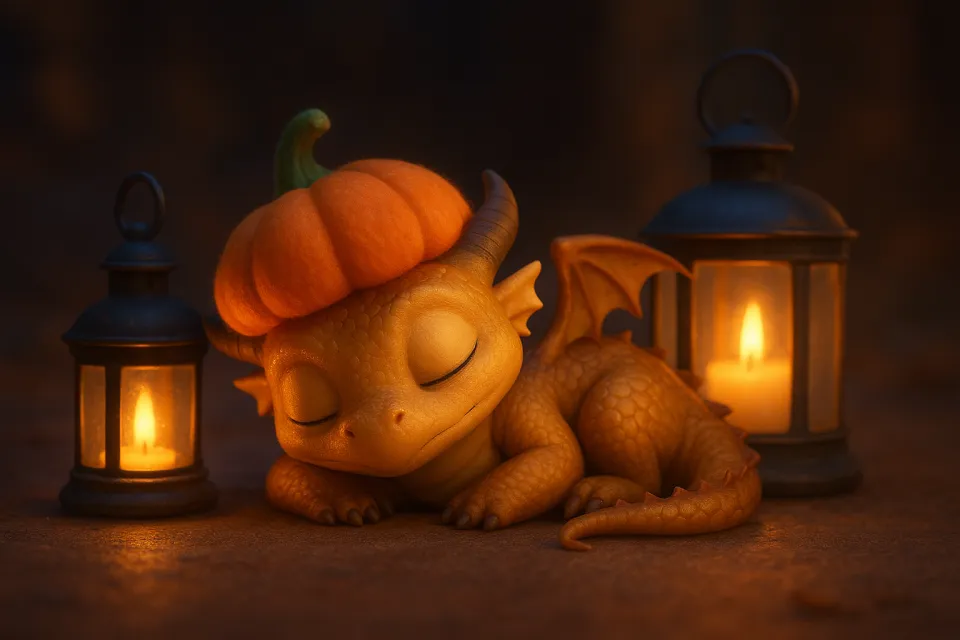 Dulce dragón duerme junto a una linterna y una calabaza