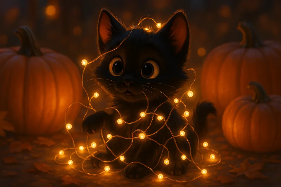 Encantador gatito atrapado en una guirnalda de luces con calabazas de fondo