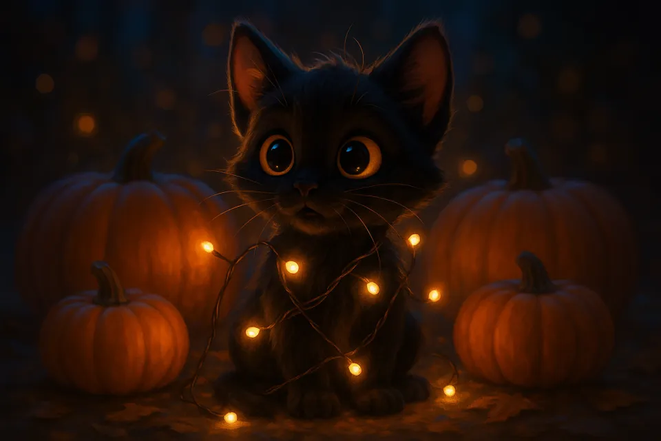 Gatito envuelto en luces, rodeado de calabazas en un ambiente oscuro