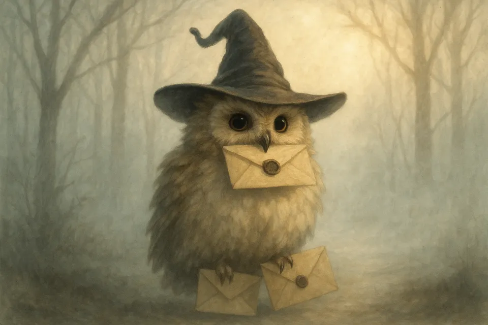 Lindo búho con un sombrero sostiene cartas en un bosque oscuro