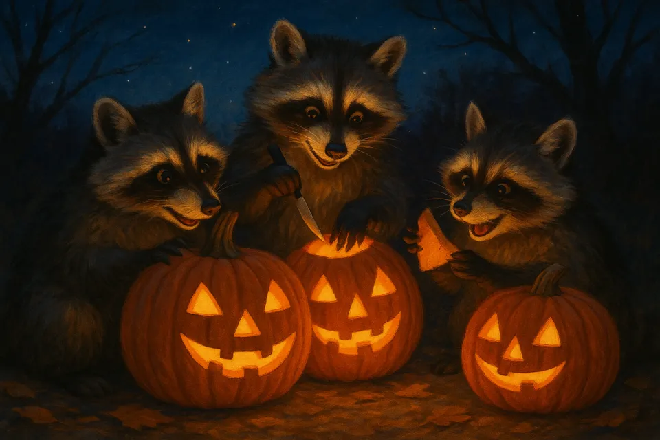 Tres mapaches crean linternas de calabaza para la fiesta de Halloween