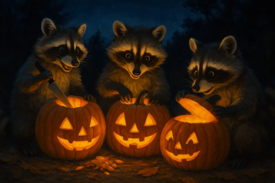 Tres mapaches tallando calabazas, preparándose para Halloween