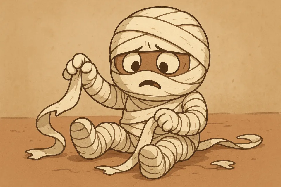 La momia está sentada en el suelo mirando las vendas con sorpresa