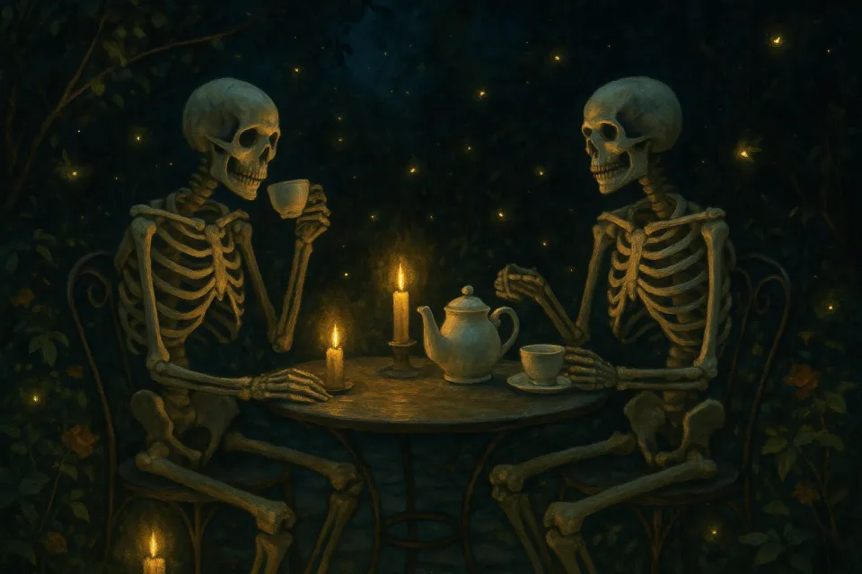 Dos esqueletos disfrutando de té a la luz de las velas en un jardín oscuro