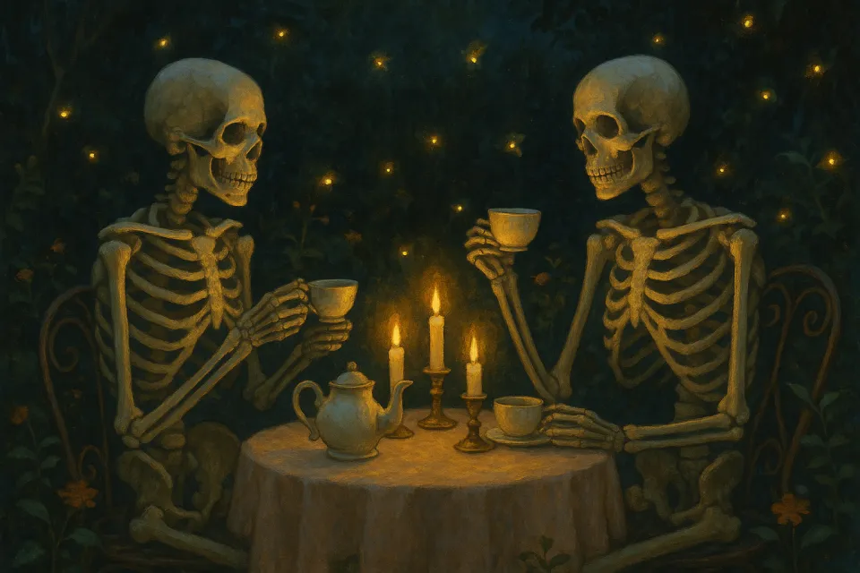 Dos esqueletos disfrutando del té en una mesa iluminada por velas