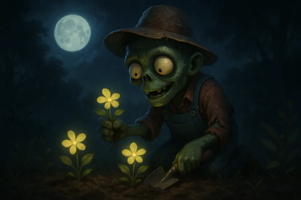 Zombie con pala recoge flores en un oscuro jardín bajo la luna llena
