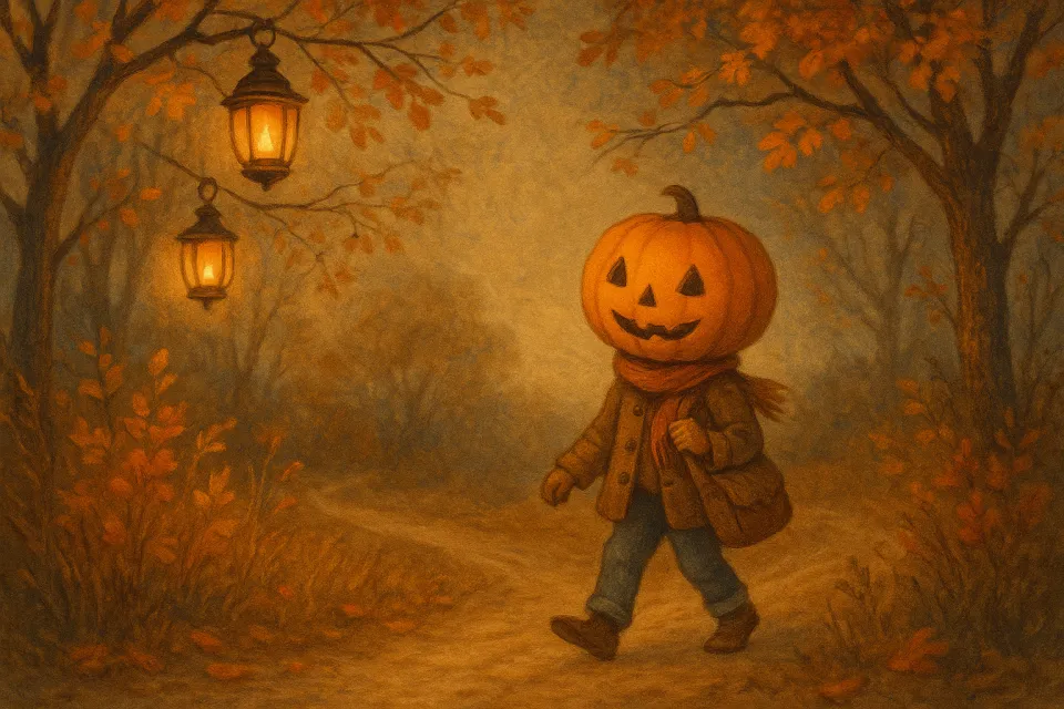 Niño con calabaza en la cabeza pasea por un parque otoñal