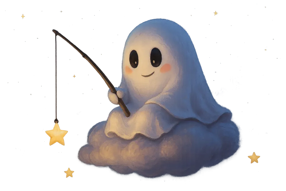 Милый призрак, ловящий звёзды на облаке с удочкой