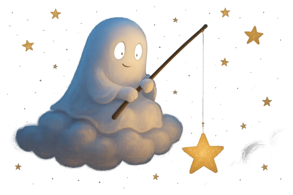 Lindo fantasma en una nube capturando estrellas con una caña de pescar