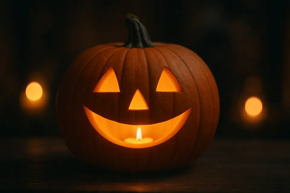 Halloween pumpkin with a smiling face and a candle inside