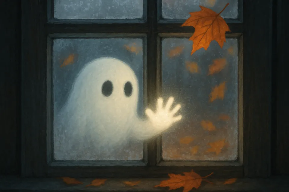 El fantasma mira hacia la calle a través de una ventana empañada en un día otoñal