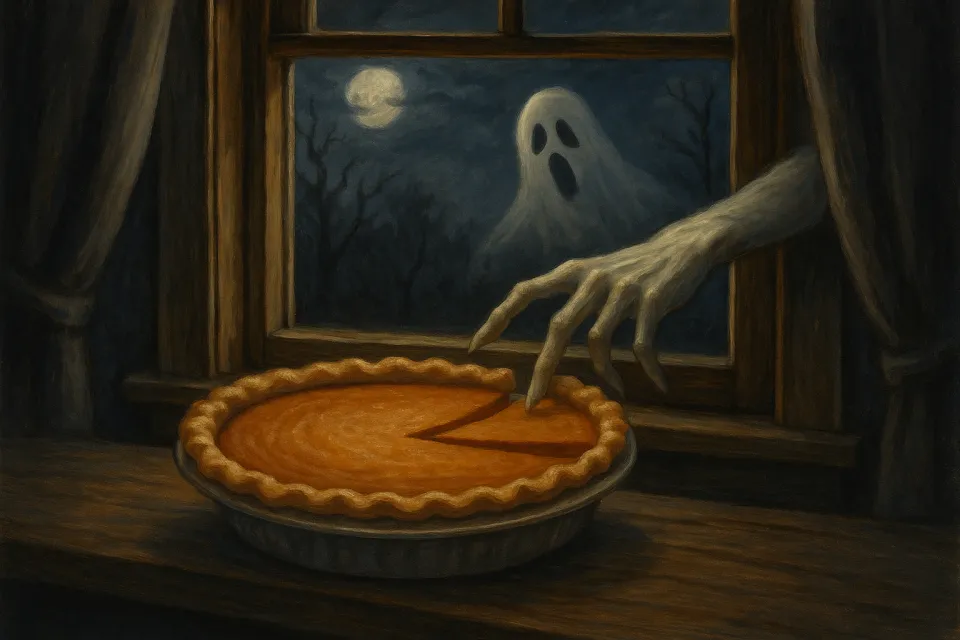 El fantasma extiende la mano hacia el pastel de calabaza en la ventana bajo la luna