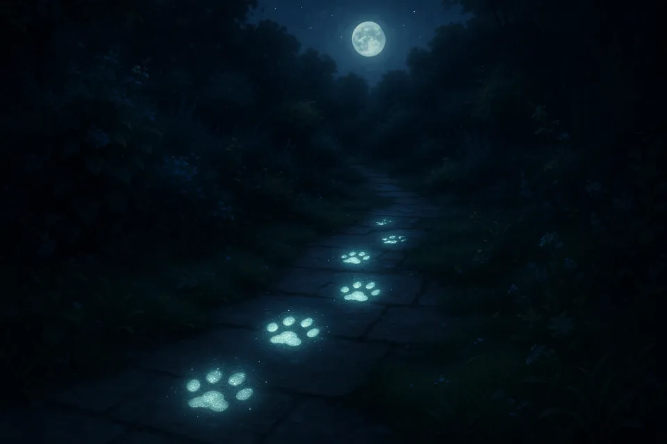 Camino con huellas brillantes de animales a la luz de la luna