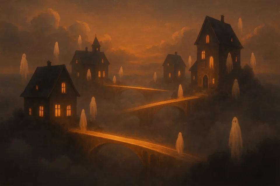 Paisaje con casas entre neblina y fantasmas al atardecer