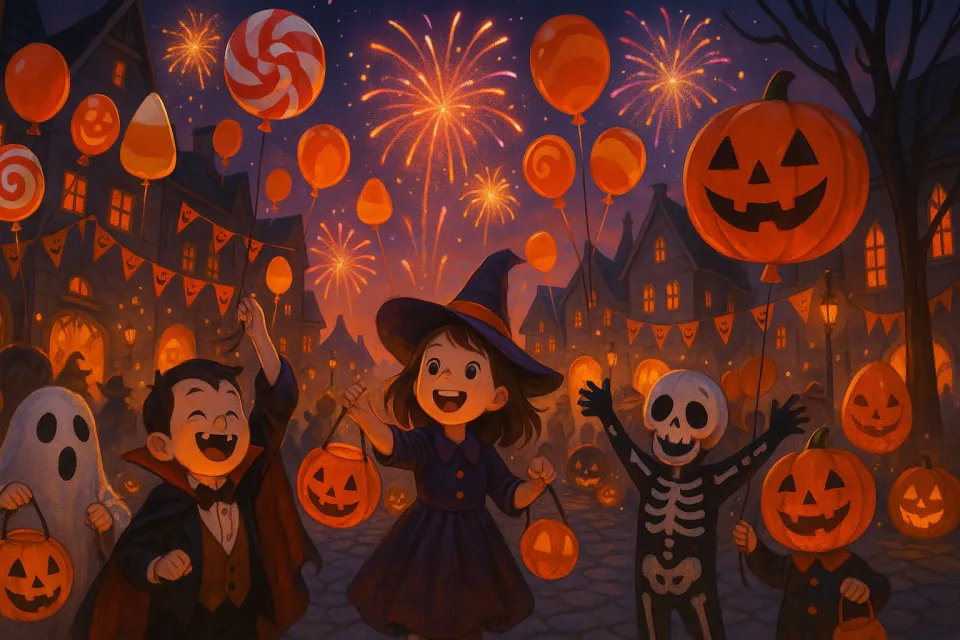 Niños disfrazados en la fiesta de Halloween con calabazas y globos