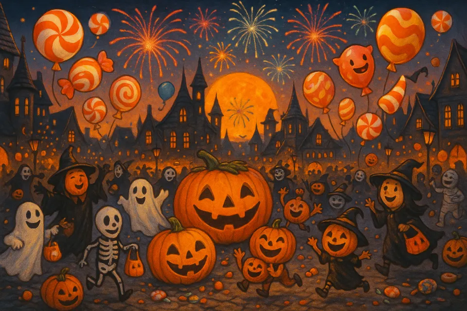 Niños disfrazados, calabazas y fuegos artificiales en Halloween