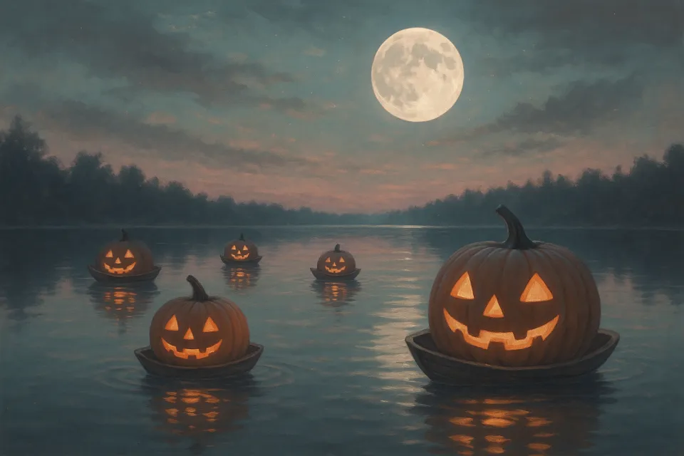 Calabazas brillantes en botes sobre la serena superficie del río bajo la luna llena