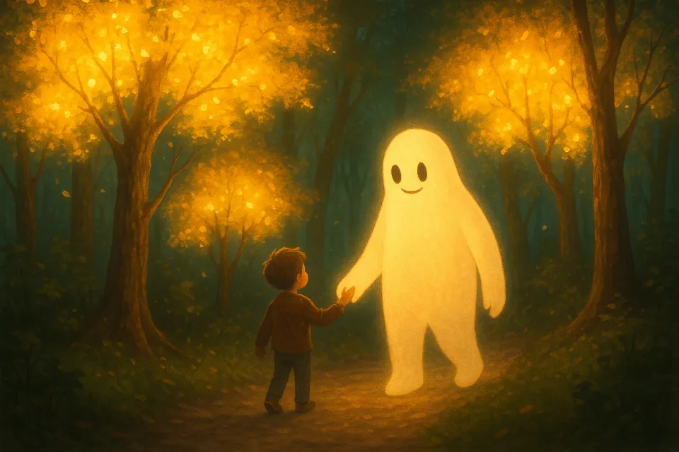 A boy and a glowing spirit on a forest path with yellow trees