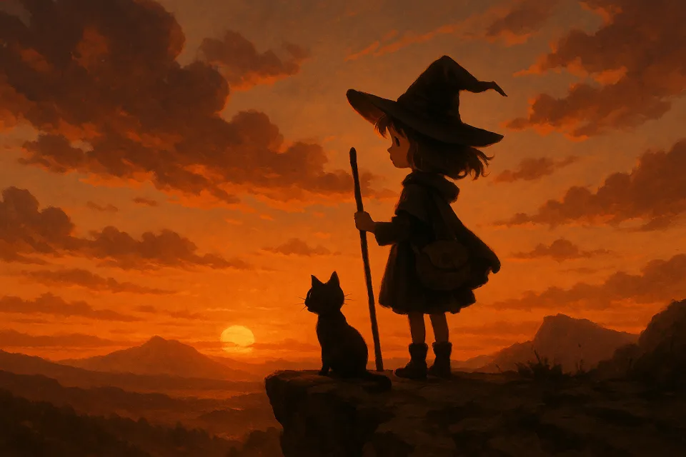 Siluetas de una niña con sombrero y un gato negro contra el fondo del atardecer