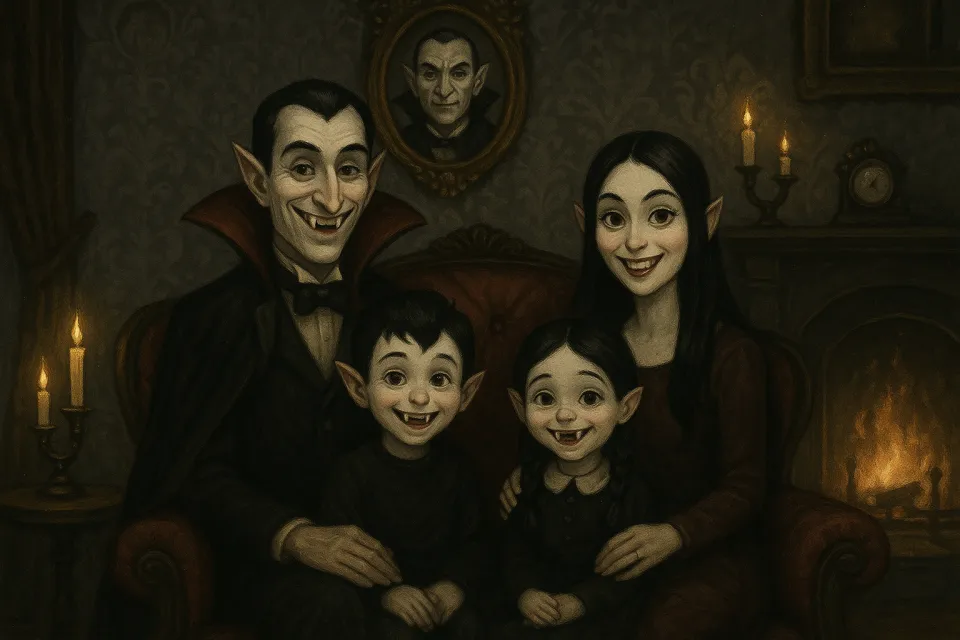 Una familia de vampiros sonríe frente a una chimenea y velas