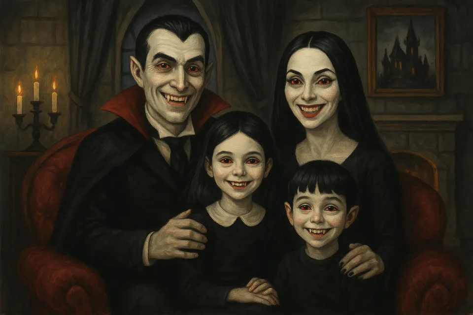 Familia de vampiros frente a un ambiente gótico con chimenea