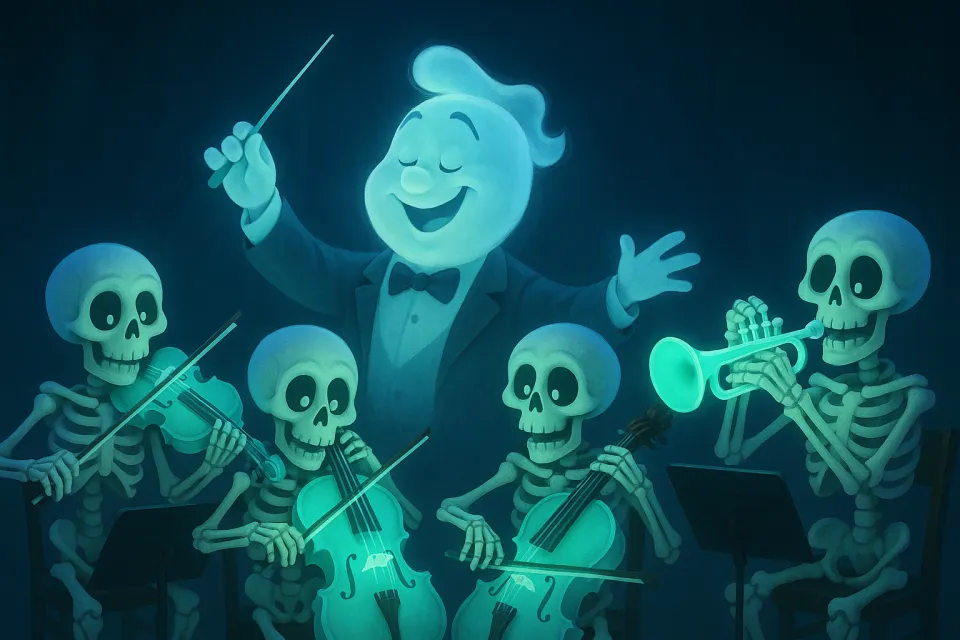 El fantasma dirige una orquesta de esqueletos en un entorno oscuro