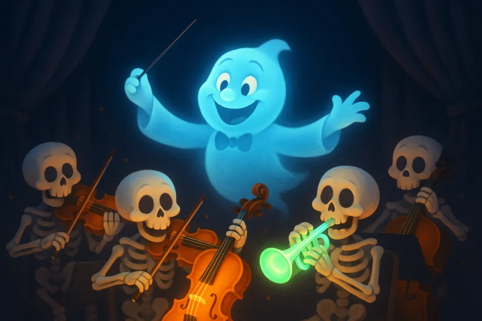 Un divertido fantasma dirige a una orquesta de esqueletos en una habitación oscura