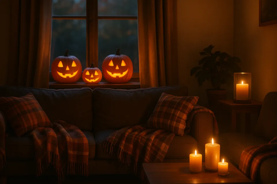Calabazas luminosas en la ventana de una acogedora sala de estar para Halloween