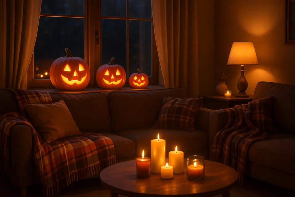 Habitación cómoda con calabazas y velas encendidas frente a la ventana