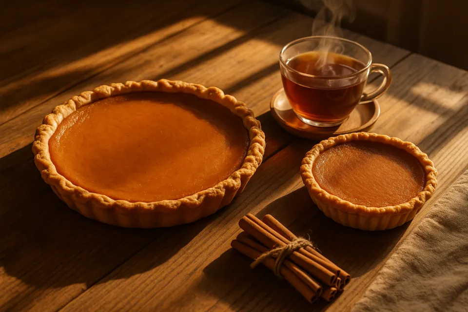 Delicioso pastel de calabaza con una taza de té caliente y canela