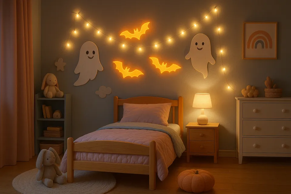 Habitación infantil con fantasmas y murciélagos en las paredes