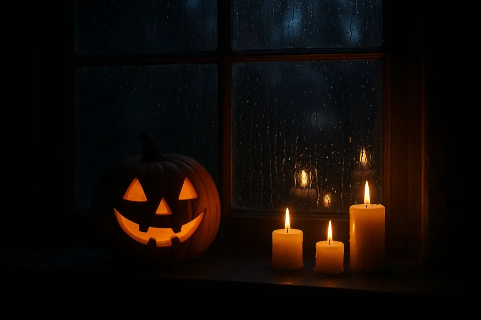Calabaza iluminada y tres velas contra un fondo de ventana lluviosa