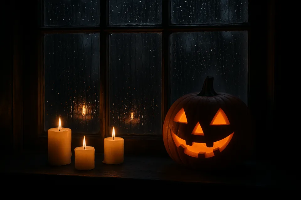 Calabaza iluminada y tres velas en la ventana del farol en una noche de lluvia