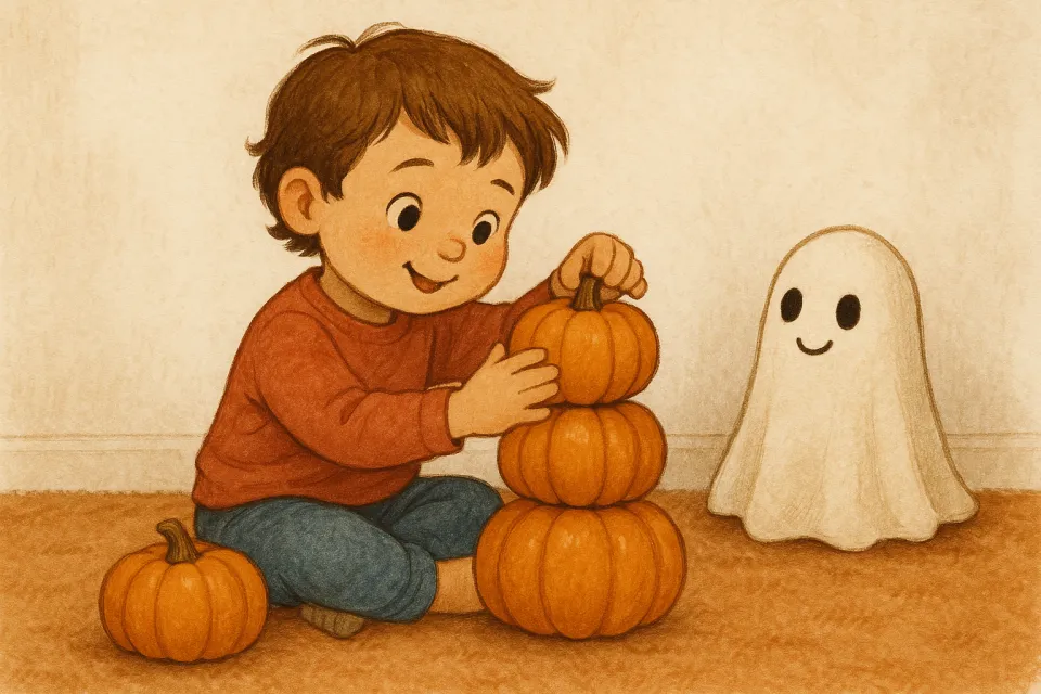 Un niño pequeño juega con calabazas y sonríe