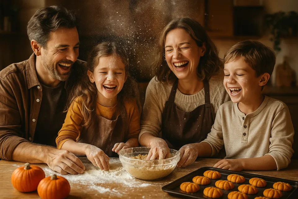 Familia feliz en la cocina, preparando platos en un ambiente alegre